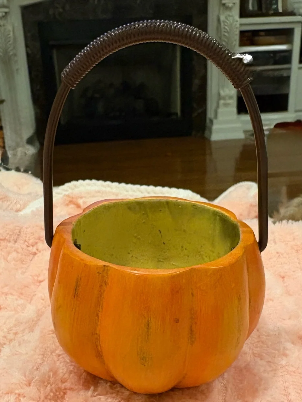 Russ Berrie Orange Pumpkin Basket with Dark Brown Handle